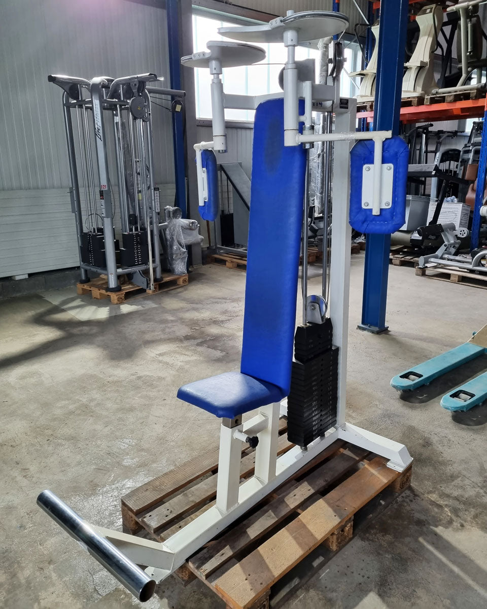 Gym80 Butterfly, old school bodybuilding strength machine, frame white, used with signs of wear