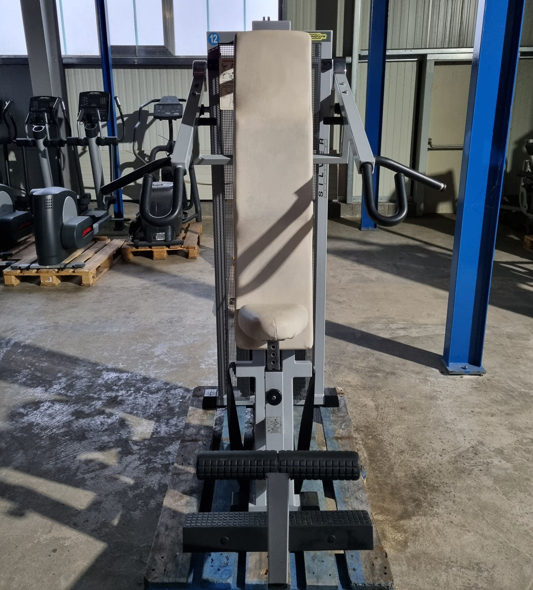 Technogym Lat Pulldown, Pulldown, Vertical Traction, Silverline, frame color silver, upholstery color beige, used