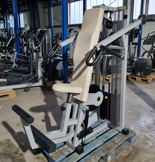 Technogym Lat Pulldown, Pulldown, Vertical Traction, Silverline, frame color silver, upholstery color beige, used