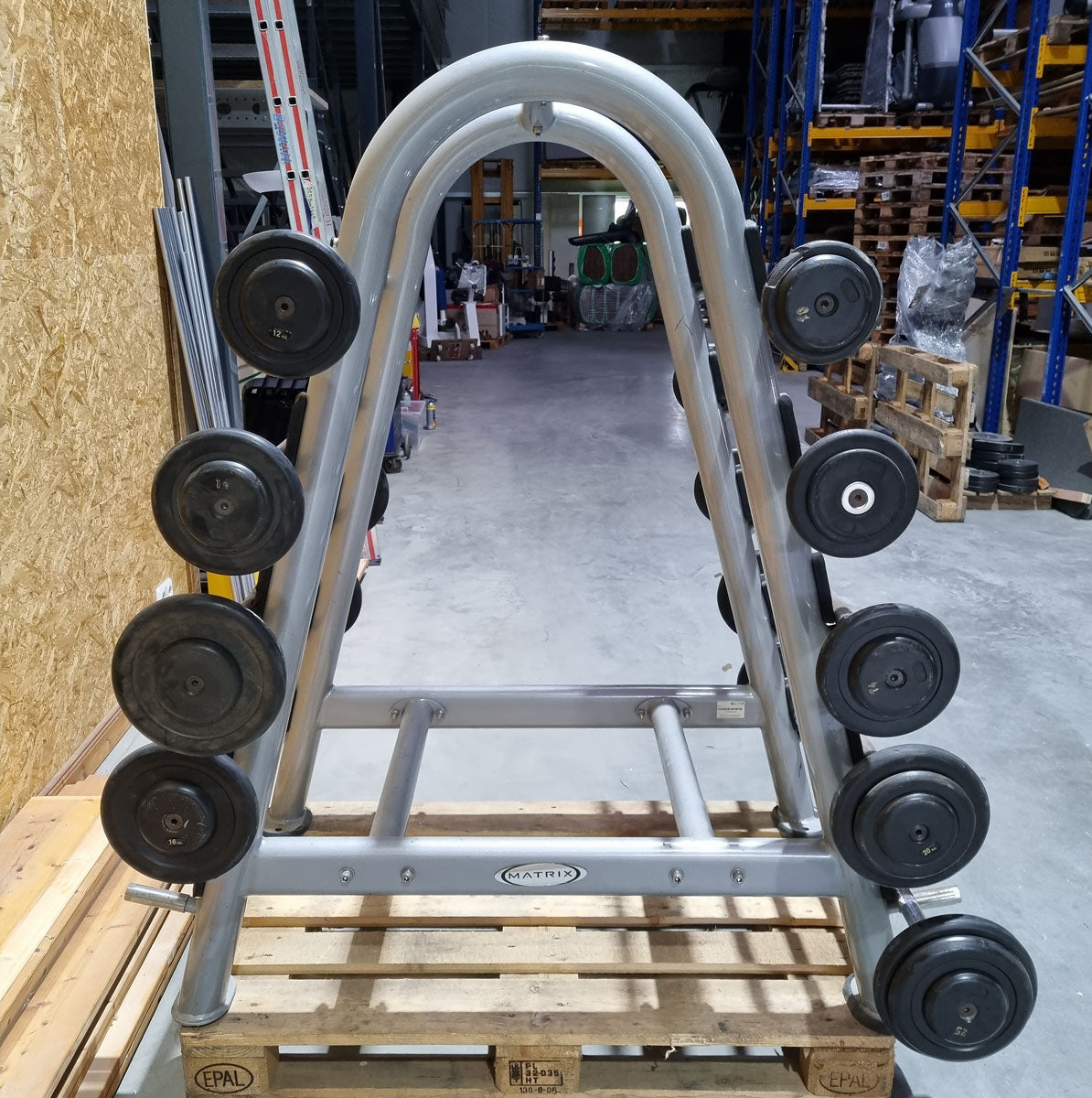 Matrix barbell rack for 10 barbells including 9 compact dumbbells, similar to SZ dumbbells, used condition