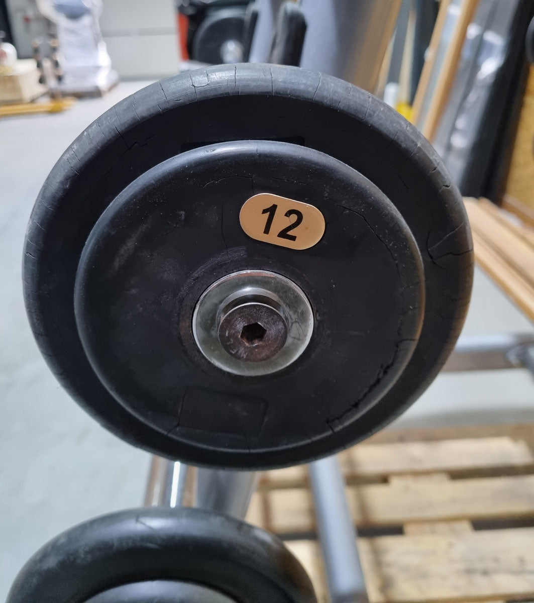 Matrix barbell rack for 10 barbells including 9 compact dumbbells, similar to SZ dumbbells, used condition