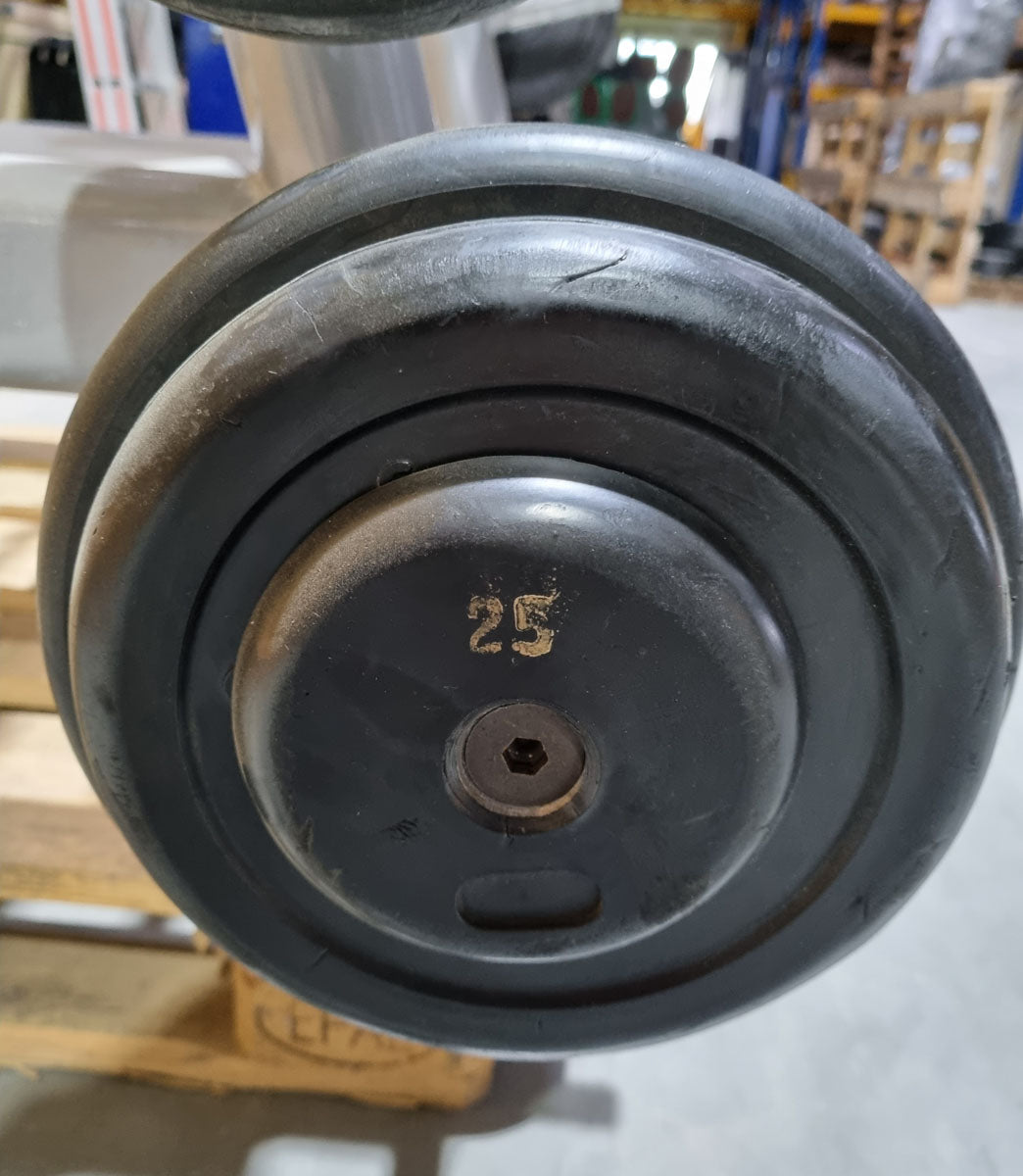Matrix barbell rack for 10 barbells including 9 compact dumbbells, similar to SZ dumbbells, used condition