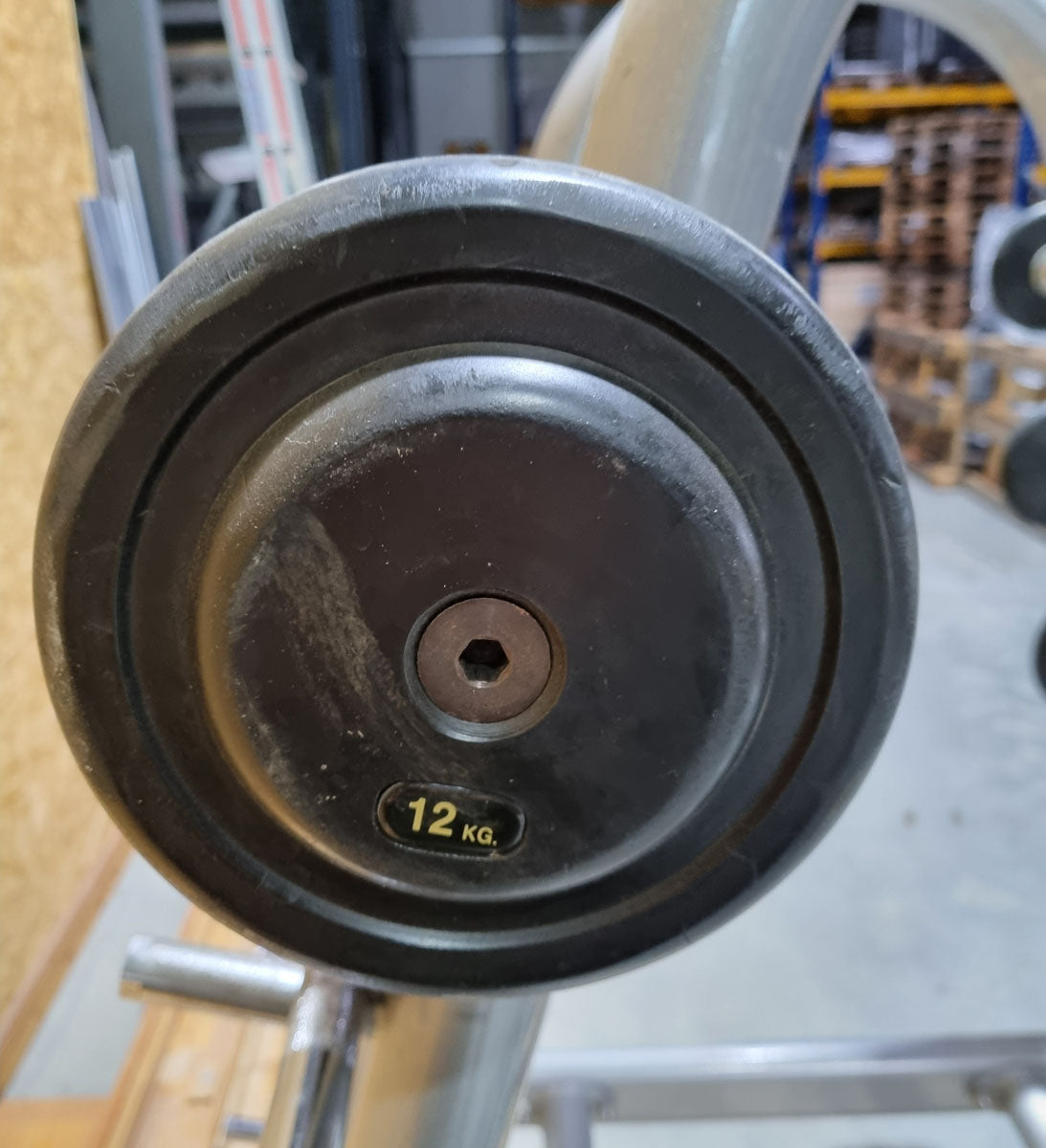 Matrix barbell rack for 10 barbells including 9 compact dumbbells, similar to SZ dumbbells, used condition