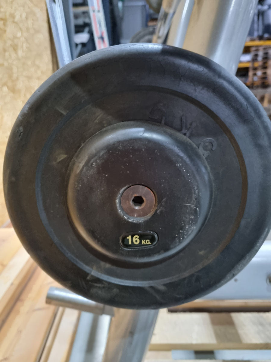 Matrix barbell rack for 10 barbells including 9 compact dumbbells, similar to SZ dumbbells, used condition