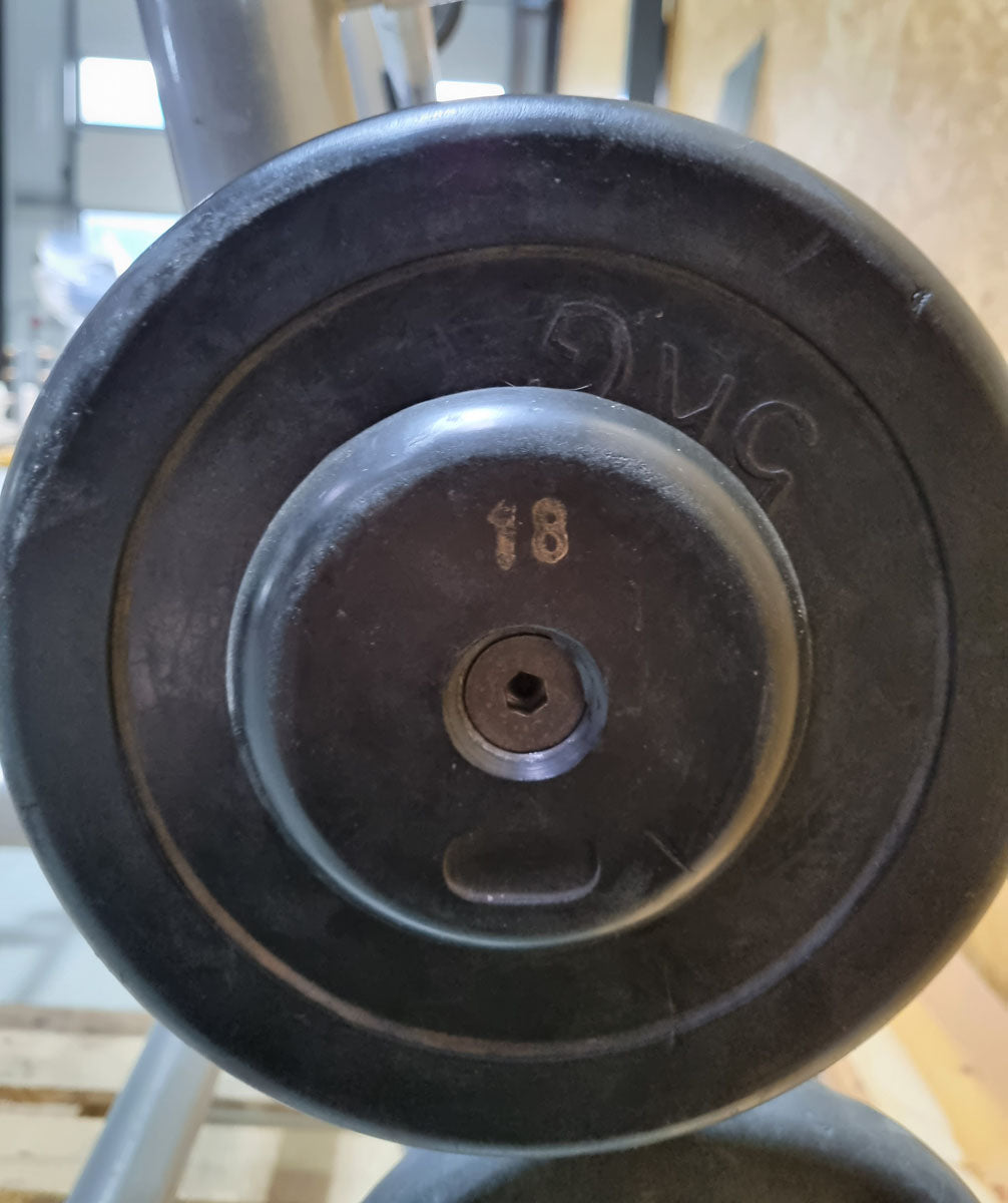 Matrix barbell rack for 10 barbells including 9 compact dumbbells, similar to SZ dumbbells, used condition