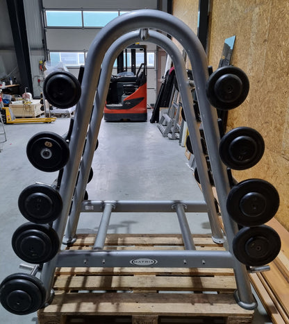 Matrix barbell rack for 10 barbells including 9 compact dumbbells, similar to SZ dumbbells, used condition