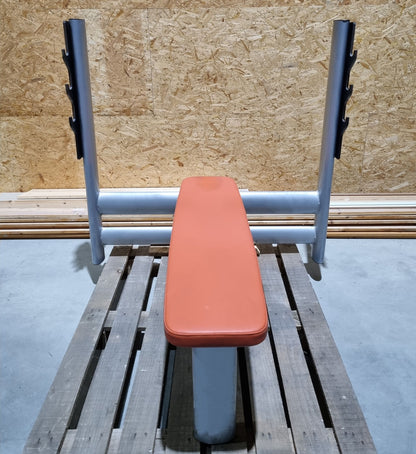 Gym80 Basic press bench 4097, Olympia flat press bench, frame color silver, upholstery color orange, used - overhauled condition