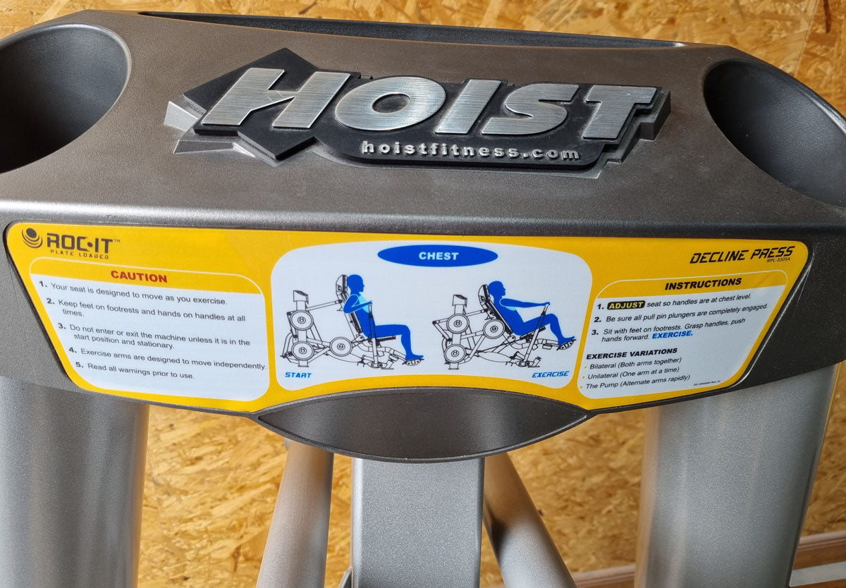 Hoist Roc-IT Decline Chestpress, RPL-5305 Bench Press Machine Negative, Negative Chest Press, Roc IT Plate Loaded Series, Frame Color Silver, Used - Refurbished Condition