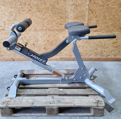Hoist Rückenstreckerbank, Hyperextension 45° und 90° verstellbar, Rahmenfarbe Silber, Polsterfarbe Schwarz, gebraucht - überholter Zustand