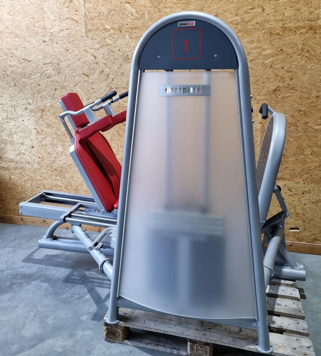 Proxomed Funktionsstemme Compass 530, Beinpresse verstellbar, MPG, Reha, Rahmenfarbe Silber, Polsterfarbe Rot, gebraucht - überholter Zustand
