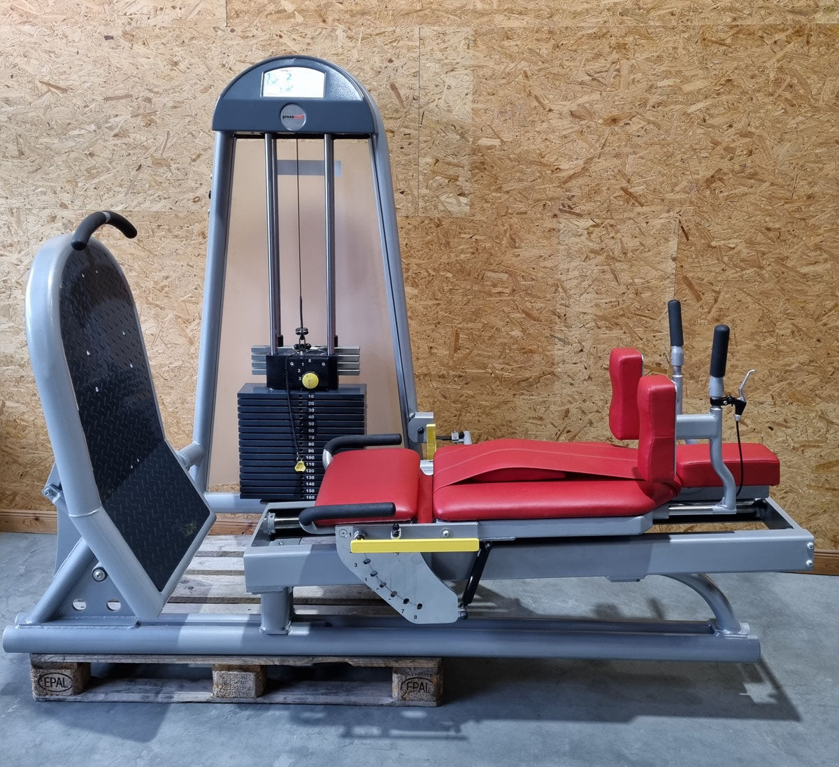 Proxomed Funktionsstemme Compass 530, Beinpresse verstellbar, MPG, Reha, Rahmenfarbe Silber, Polsterfarbe Rot, gebraucht - überholter Zustand