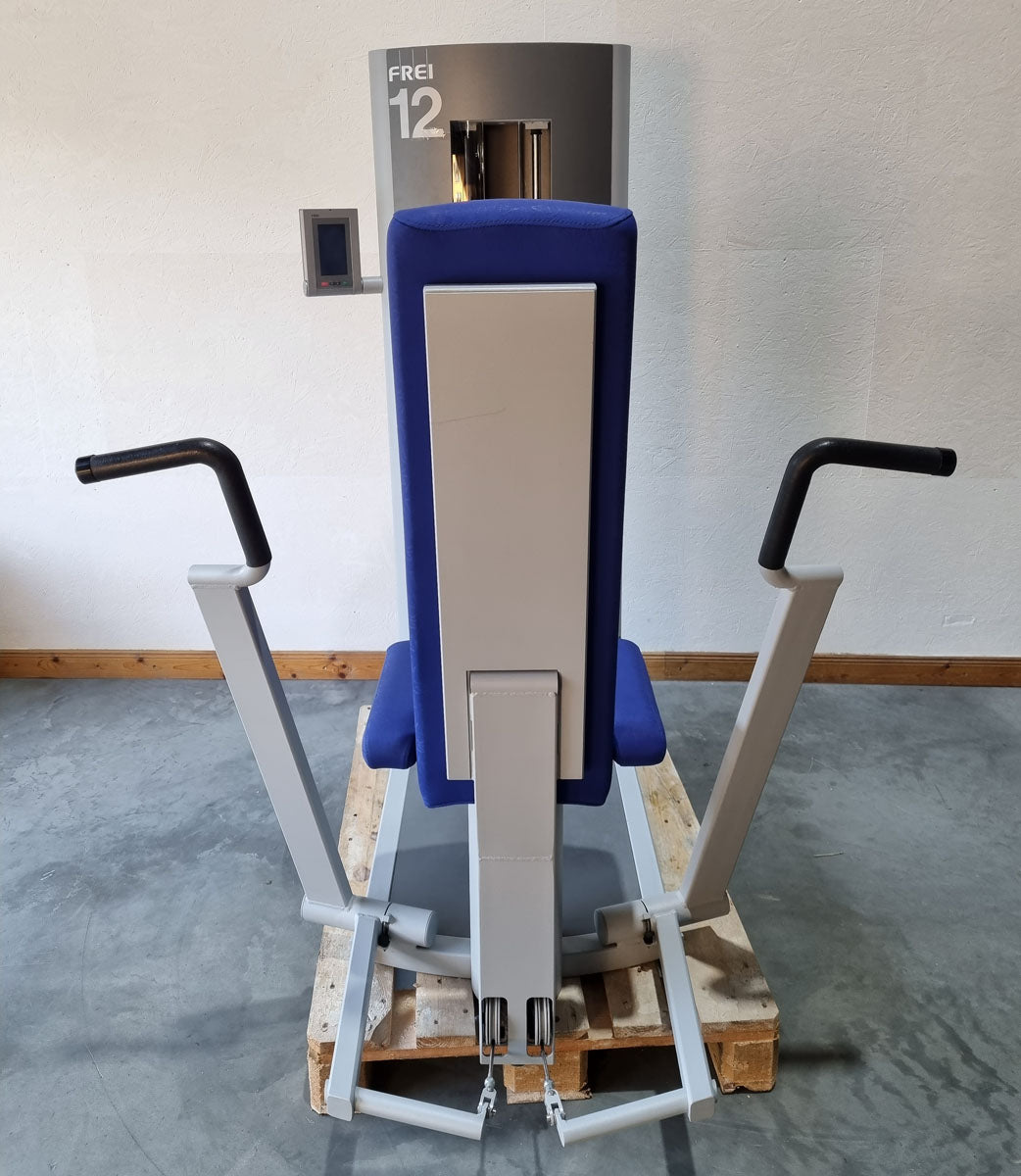 Frei Genius Eco Bankdrückmaschine, Brustpresse, Chestpress, MPG, Reha, Rahmenfarbe Silber, Polsterfarbe Blau, gebraucht - überholter Zustand