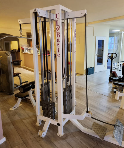 Competition Line 4 Stationenturm, 4 Stack Multi Station, Rudern, Latzug und 2 Seilzüge, Oldschool Bodybuilding, Rahmenfarbe Weiß, gebraucht - geprüfter Zustand mit Gebrauchsspuren