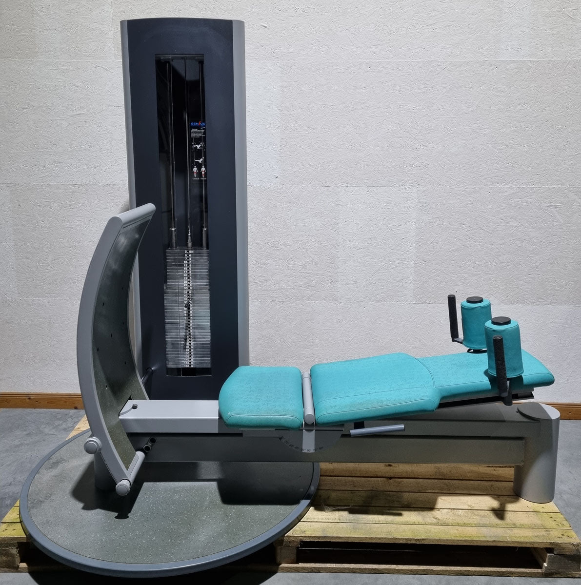 Frei Genius functional leg press - adjustable leg press, frame color silver, upholstery color turquoise, used - refurbished condition