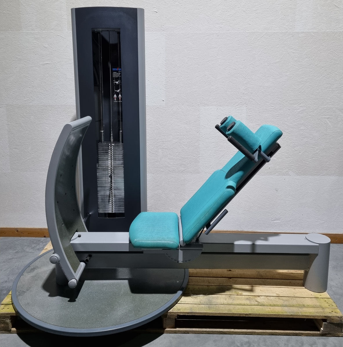 Frei Genius functional leg press - adjustable leg press, frame color silver, upholstery color turquoise, used - refurbished condition