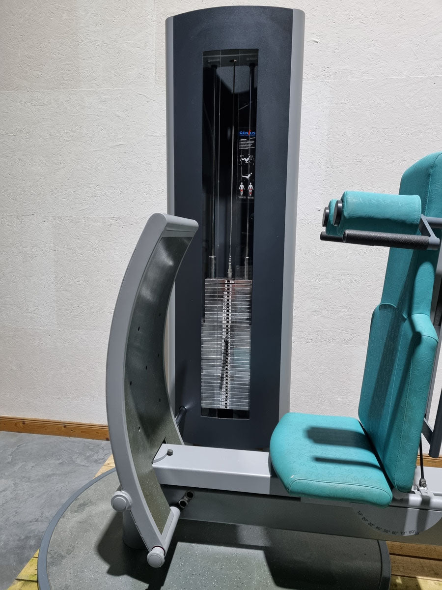 Frei Genius functional leg press - adjustable leg press, frame color silver, upholstery color turquoise, used - refurbished condition