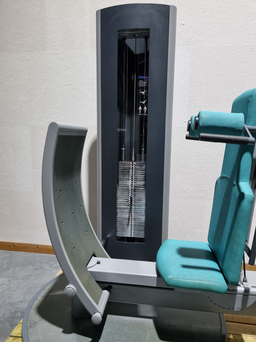 Frei Genius functional leg press - adjustable leg press, frame color silver, upholstery color turquoise, used - refurbished condition