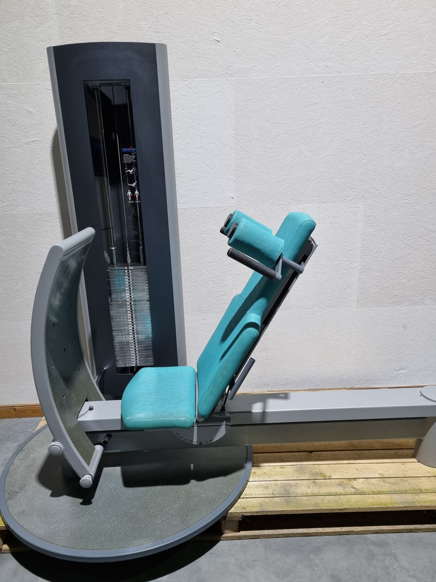 Frei Genius functional leg press - adjustable leg press, frame color silver, upholstery color turquoise, used - refurbished condition