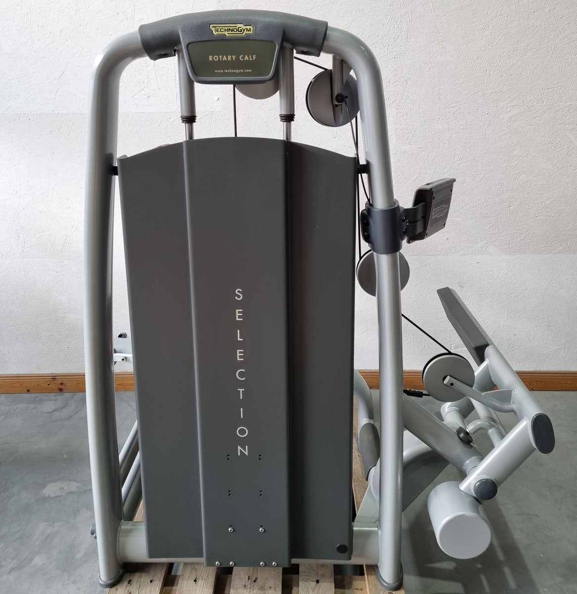 Technogym Wadenmaschine sitzend, Rotary Calf Press, Wadenpresse, Selection Line mit Isocontrol Display, Rahmenfarbe Silber, Polsterfarbe Braun, gebrauchter - überholter Zustand