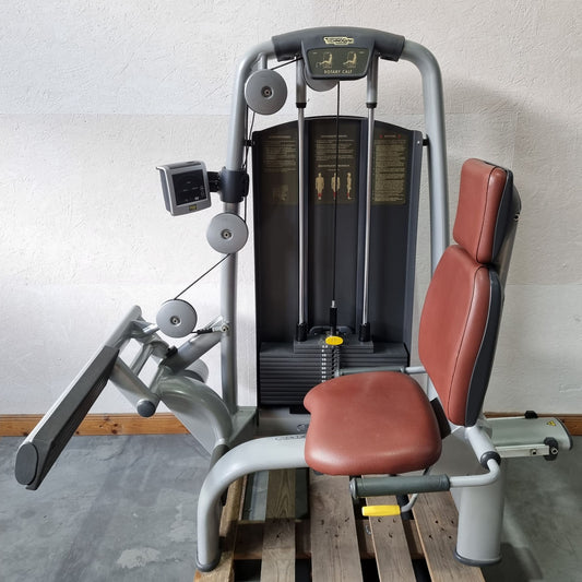 Technogym calf machine seated, Rotary Calf Press, Selection Line with Isocontrol display, frame color silver, upholstery color brown, used - refurbished condition