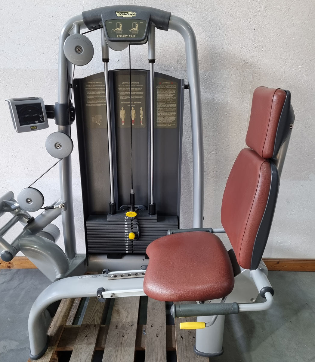 Technogym Wadenmaschine sitzend, Rotary Calf Press, Wadenpresse, Selection Line mit Isocontrol Display, Rahmenfarbe Silber, Polsterfarbe Braun, gebrauchter - überholter Zustand