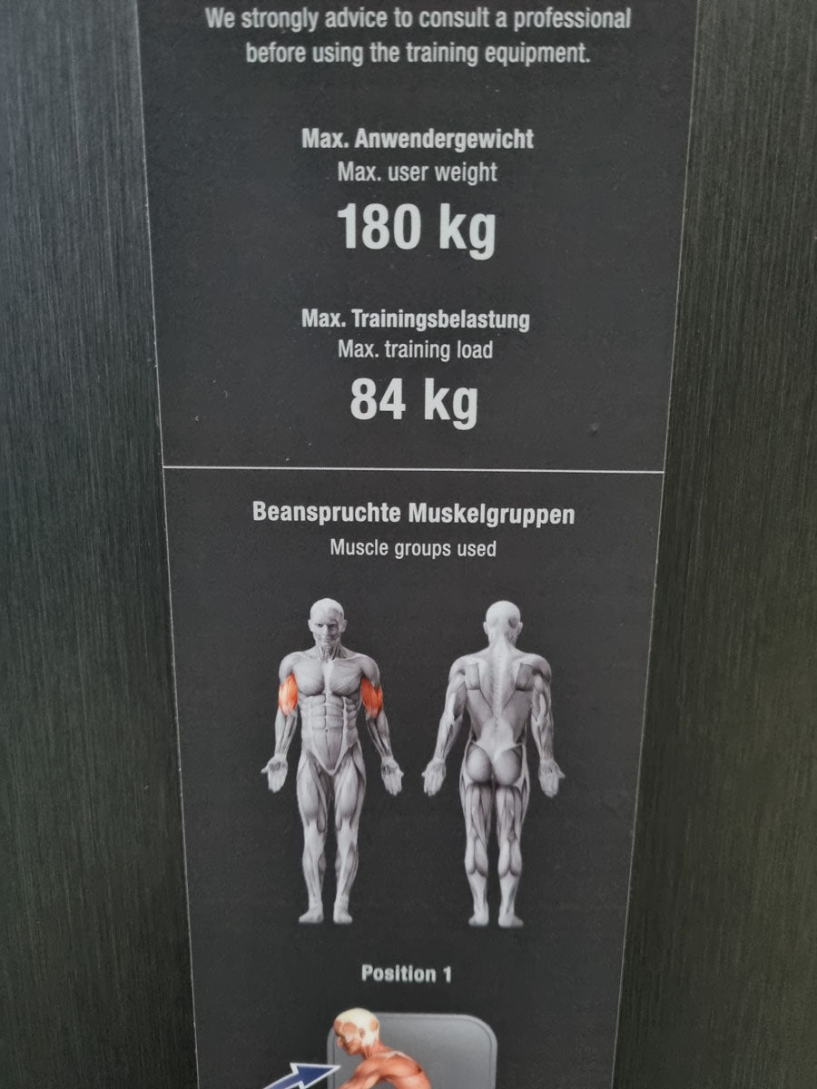 Milon Milcanic biceps machine, biceps arm curl machine, arm curler, rotating handles, silver frame, used - display piece - top condition