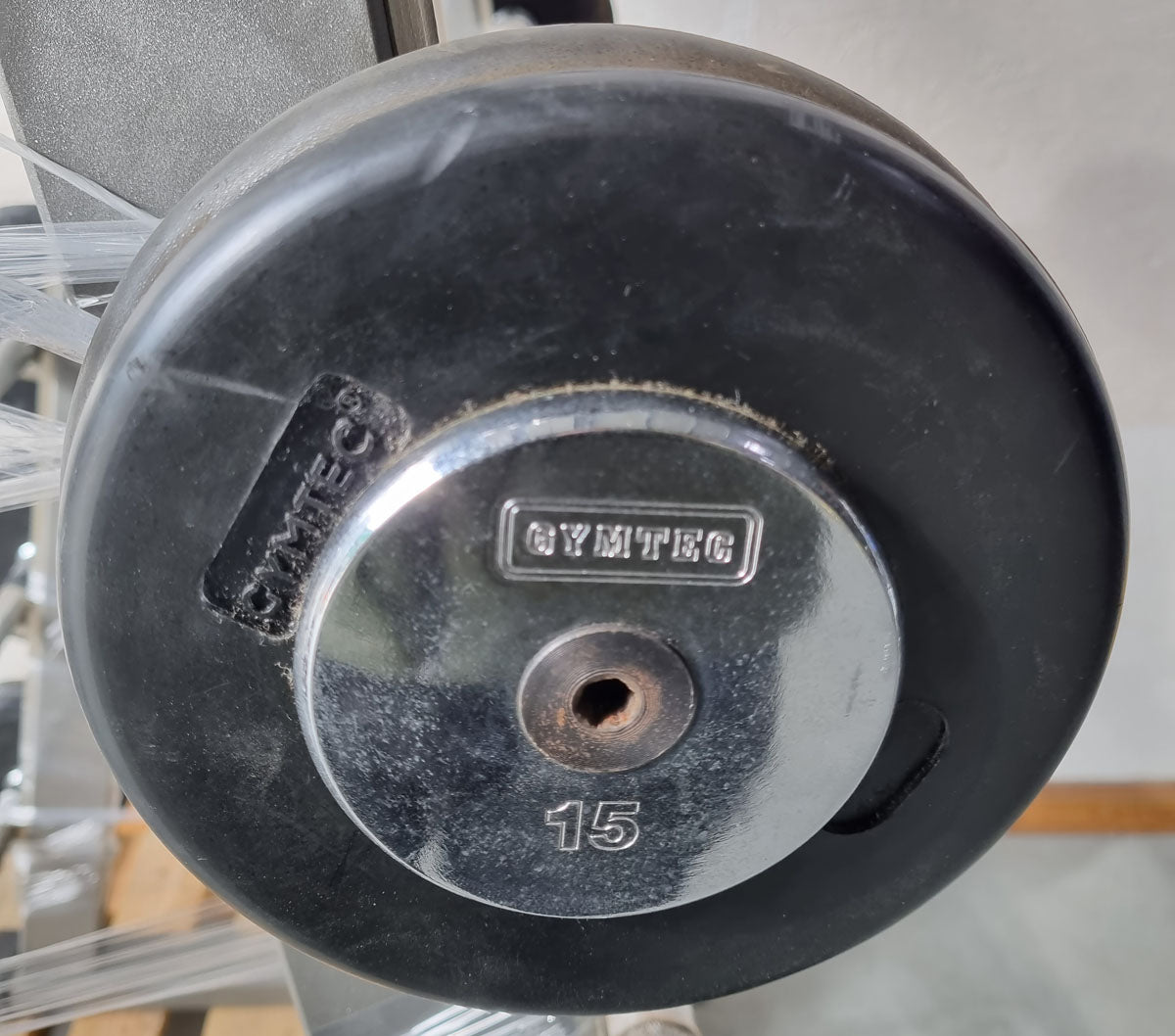 Barbell compact set 12.5 kg to 32.5 kg in 2.5 kg increments, 9 pieces in total, similar to SZ barbells, including stand from Gymleco, stand color silver, used