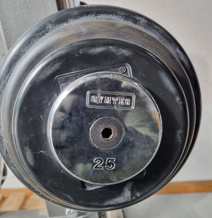 Barbell compact set 12.5 kg to 32.5 kg in 2.5 kg increments, 9 pieces in total, similar to SZ barbells, including stand from Gymleco, stand color silver, used