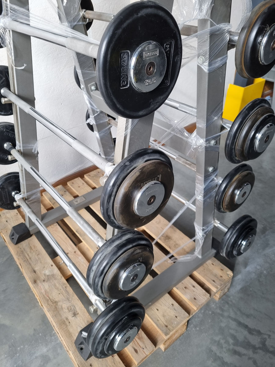 Barbell compact set 12.5 kg to 32.5 kg in 2.5 kg increments, 9 pieces in total, similar to SZ barbells, including stand from Gymleco, stand color silver, used