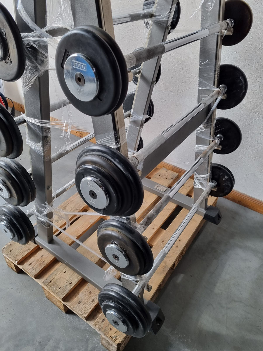 Barbell compact set 12.5 kg to 32.5 kg in 2.5 kg increments, 9 pieces in total, similar to SZ barbells, including stand from Gymleco, stand color silver, used
