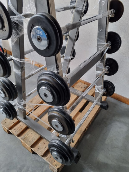 Barbell compact set 12.5 kg to 32.5 kg in 2.5 kg increments, 9 pieces in total, similar to SZ barbells, including stand from Gymleco, stand color silver, used