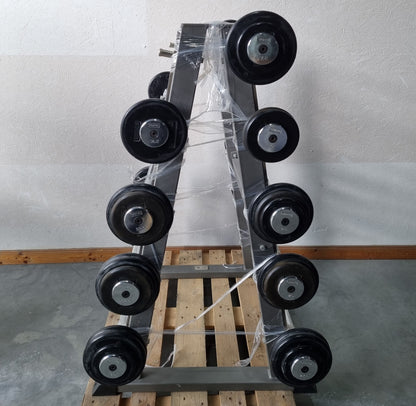 Barbell compact set 12.5 kg to 32.5 kg in 2.5 kg increments, 9 pieces in total, similar to SZ barbells, including stand from Gymleco, stand color silver, used