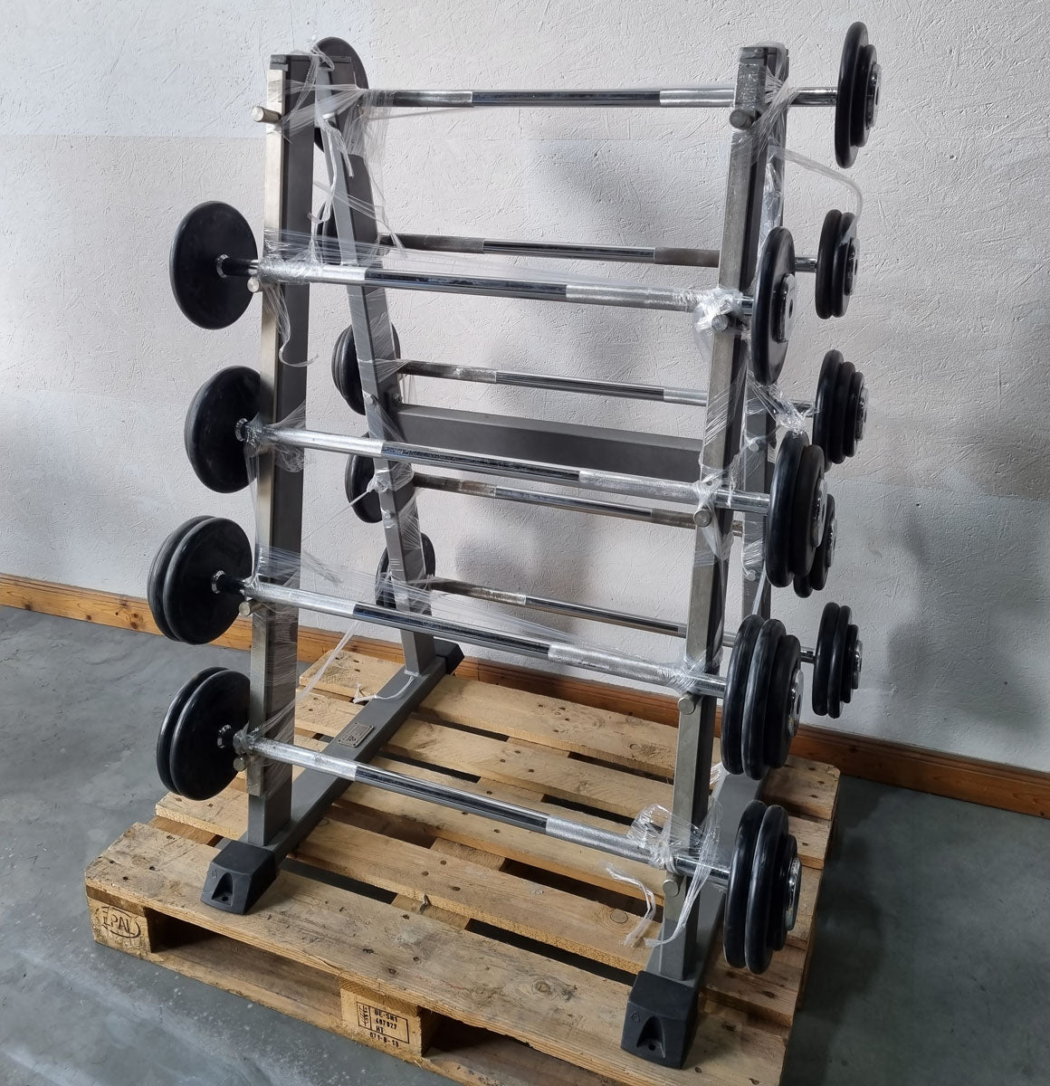 Barbell compact set 12.5 kg to 32.5 kg in 2.5 kg increments, 9 pieces in total, similar to SZ barbells, including stand from Gymleco, stand color silver, used