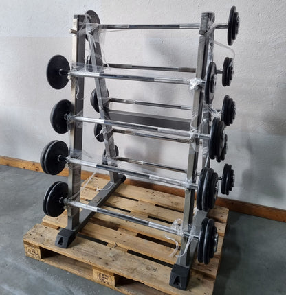 Barbell compact set 12.5 kg to 32.5 kg in 2.5 kg increments, 9 pieces in total, similar to SZ barbells, including stand from Gymleco, stand color silver, used
