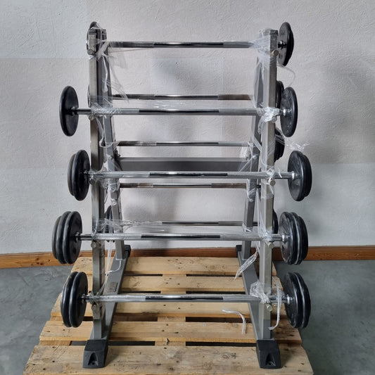 Langhantel Kompakt Set 12,5kg bis 32,5kg in 2,5kg Schritten, 9 Stück gesamt, ähnlich SZ Langhanteln, inkl. Ständer von Gymleco, Ständerfarbe Silber, gebraucht