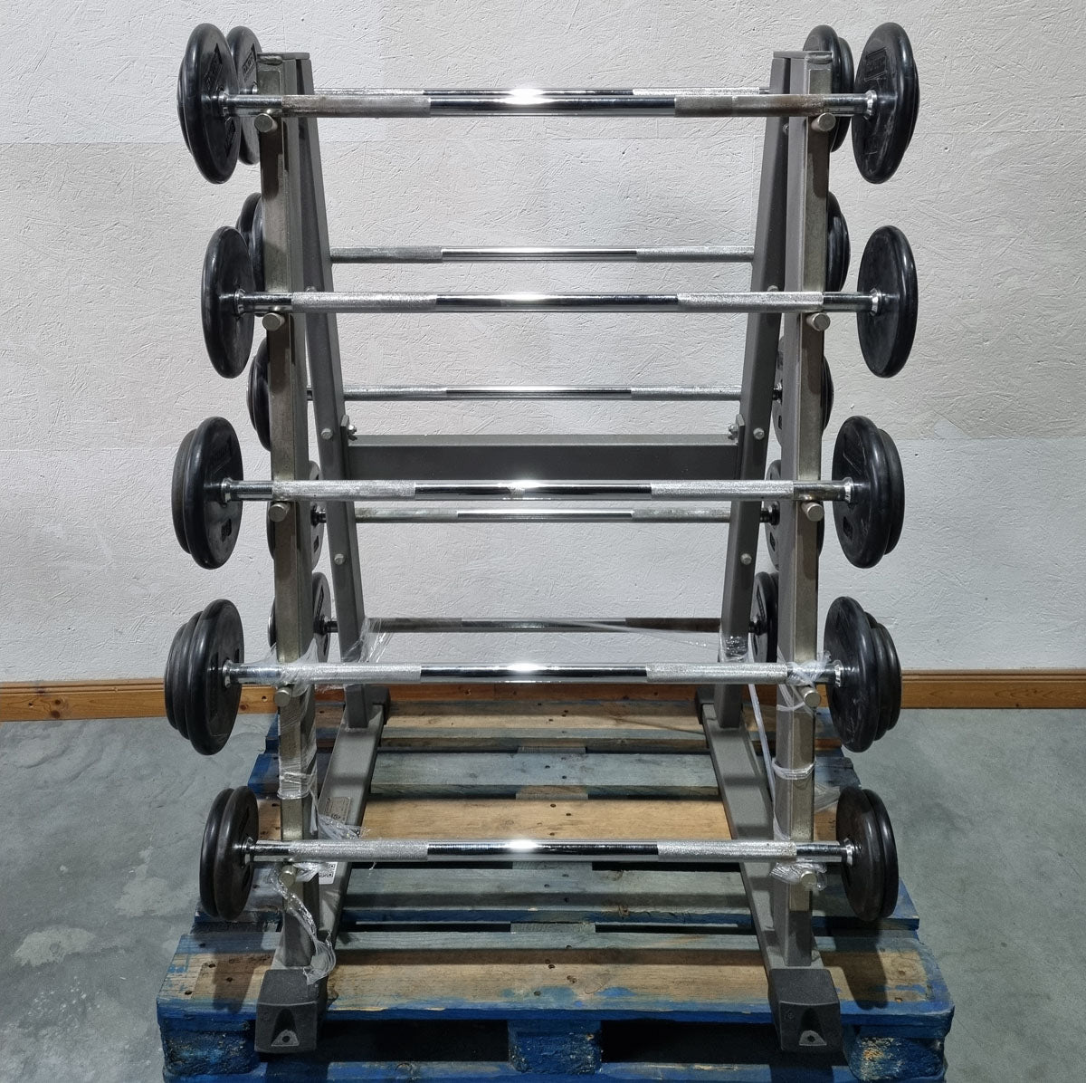 Barbell compact set 12.5 kg to 35 kg in 2.5 kg increments, 10 pieces in total, similar to SZ barbells, including stand from Gymleco, stand color silver, used
