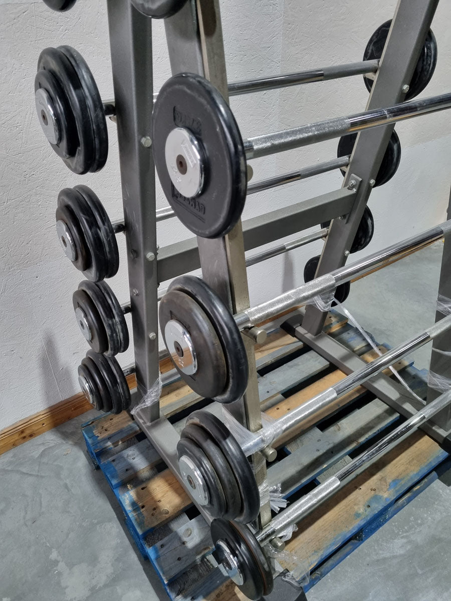 Barbell compact set 12.5 kg to 35 kg in 2.5 kg increments, 10 pieces in total, similar to SZ barbells, including stand from Gymleco, stand color silver, used