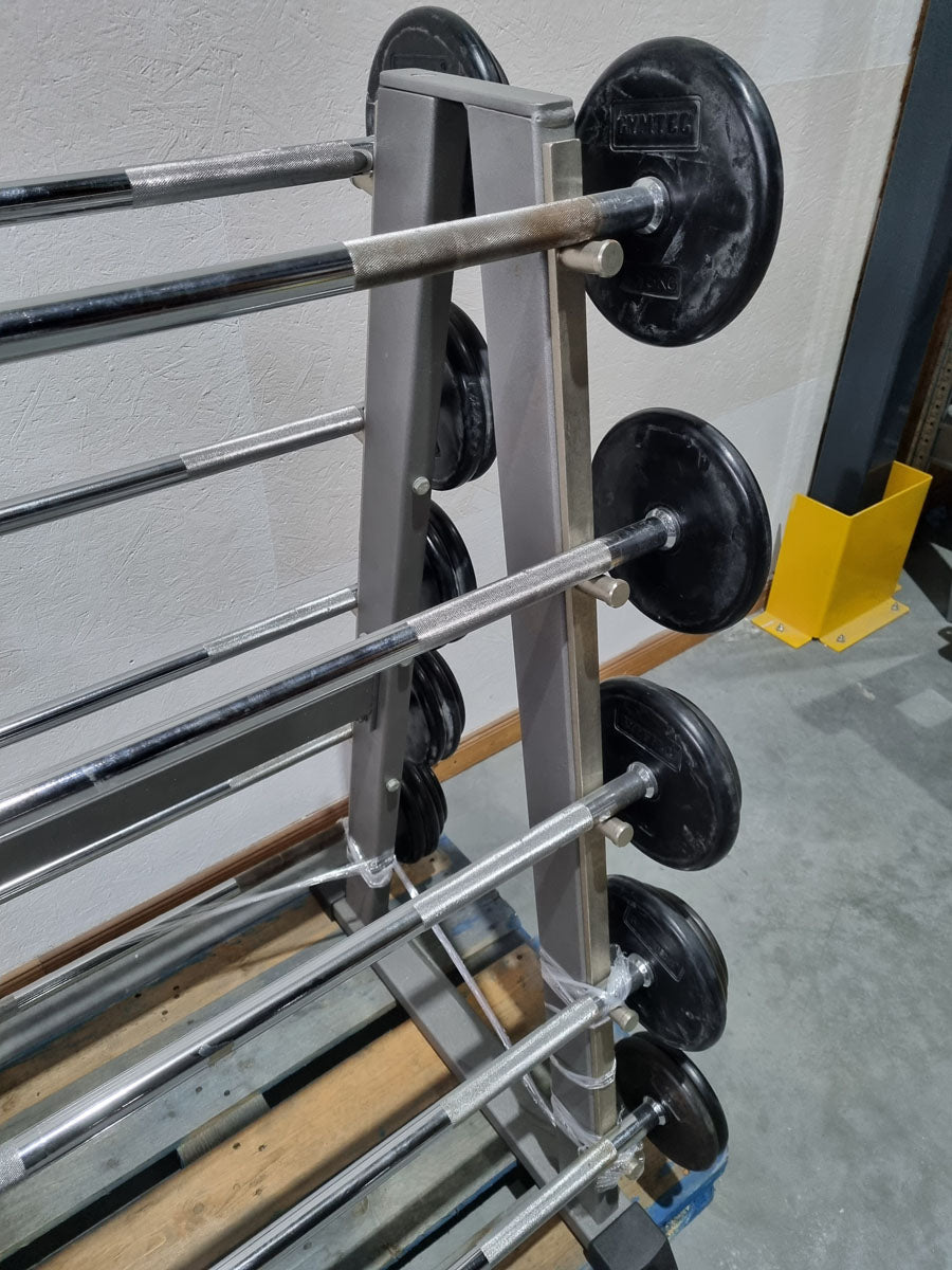 Barbell compact set 12.5 kg to 35 kg in 2.5 kg increments, 10 pieces in total, similar to SZ barbells, including stand from Gymleco, stand color silver, used