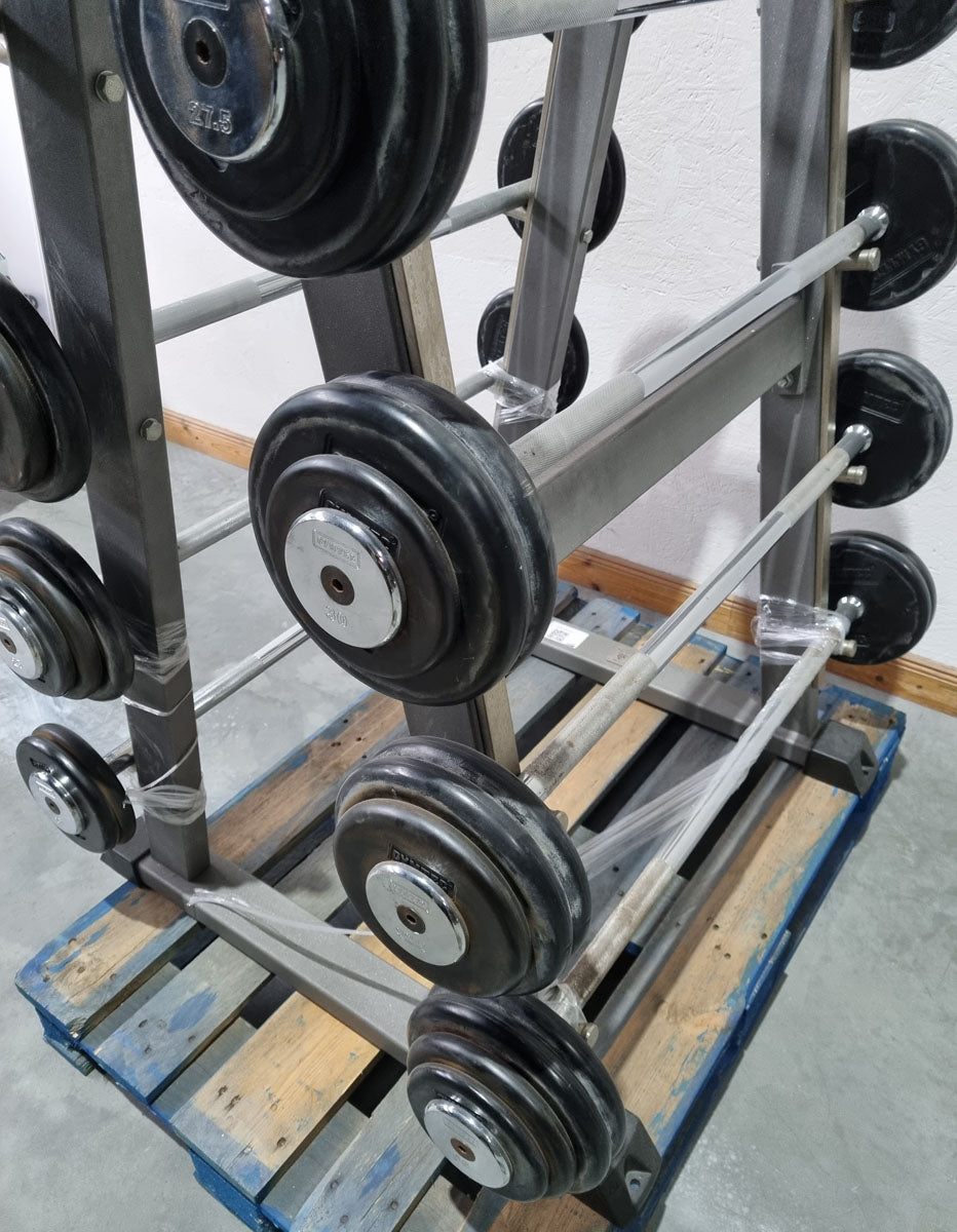 Barbell compact set 12.5 kg to 35 kg in 2.5 kg increments, 10 pieces in total, similar to SZ barbells, including stand from Gymleco, stand color silver, used
