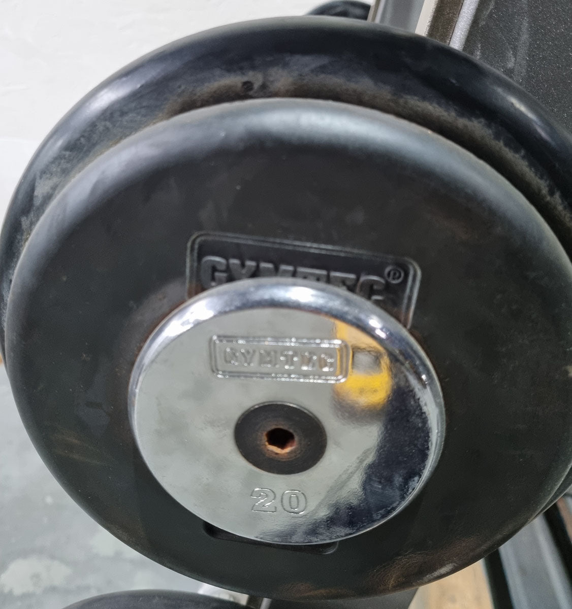 Barbell compact set 12.5 kg to 35 kg in 2.5 kg increments, 10 pieces in total, similar to SZ barbells, including stand from Gymleco, stand color silver, used