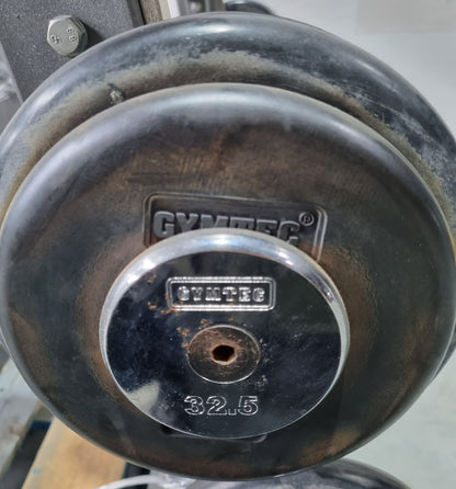 Barbell compact set 12.5 kg to 35 kg in 2.5 kg increments, 10 pieces in total, similar to SZ barbells, including stand from Gymleco, stand color silver, used