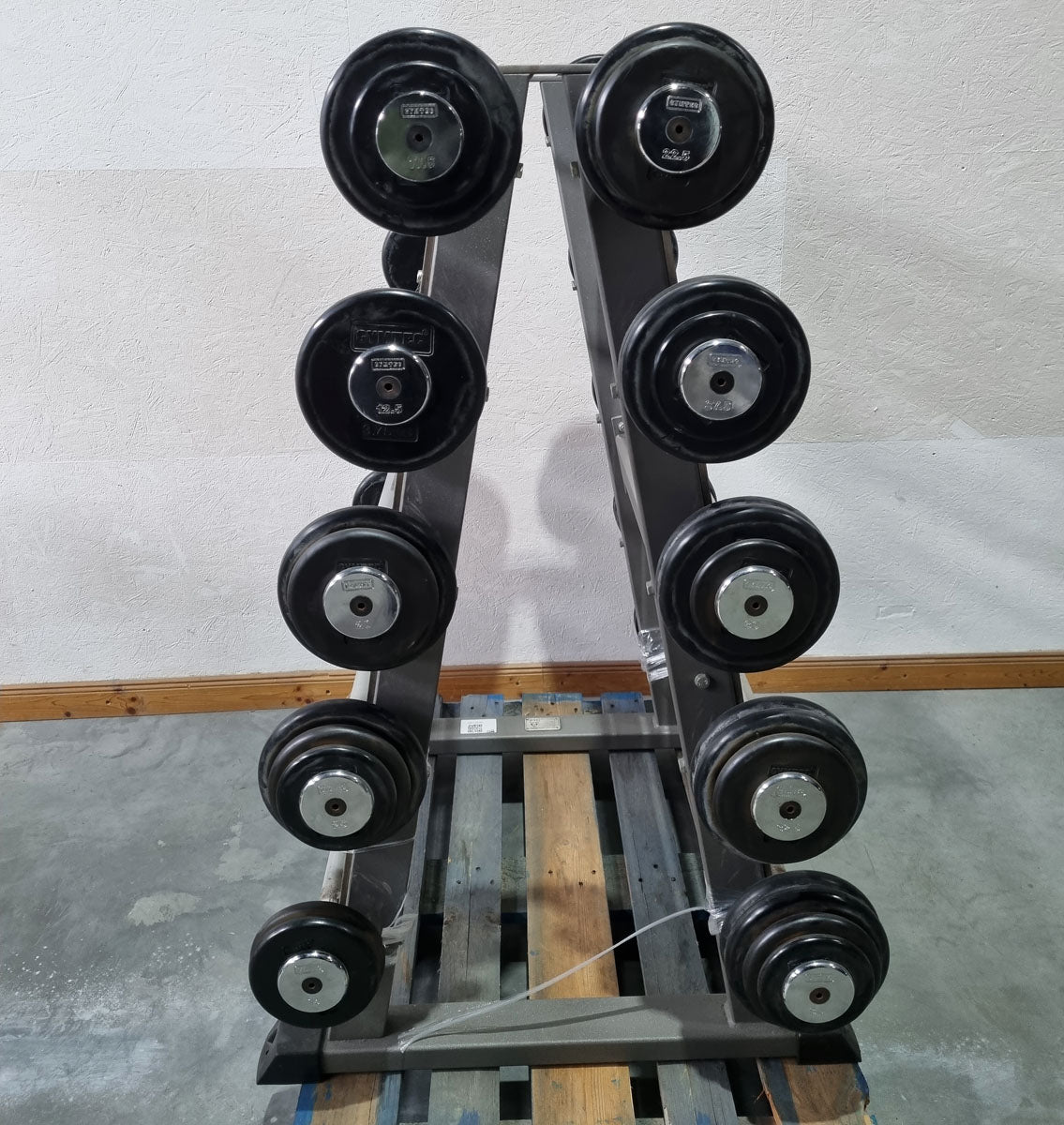 Barbell compact set 12.5 kg to 35 kg in 2.5 kg increments, 10 pieces in total, similar to SZ barbells, including stand from Gymleco, stand color silver, used