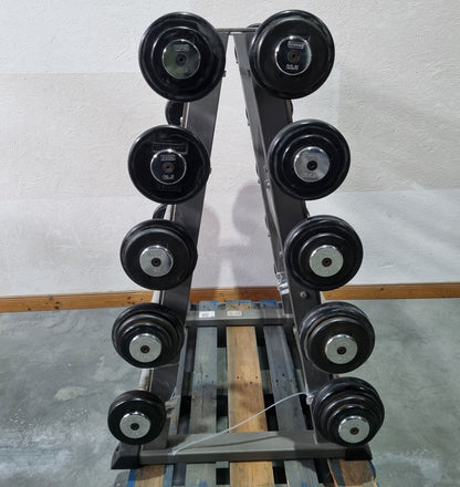 Barbell compact set 12.5 kg to 35 kg in 2.5 kg increments, 10 pieces in total, similar to SZ barbells, including stand from Gymleco, stand color silver, used