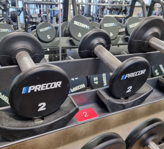 Precor dumbbell set made of PU polyurethane rubberized, 2 to 30 kg, various levels, only 3 years old, black, used - good condition