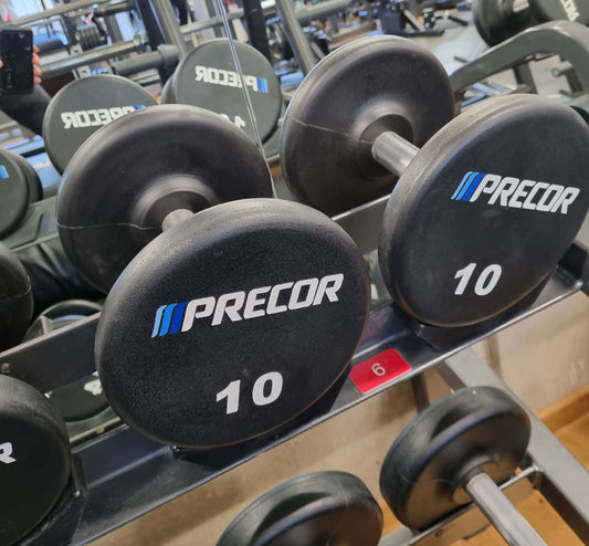 Precor dumbbells made of PU polyurethane rubberized, 10 to 16 kg in 2 kg increments = 4 pairs in total, only 3 years old, black, used - good condition