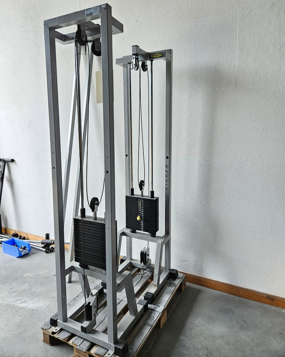 TechnoGym 2x Kabelzug, Cable Crossover, Seilzug von oben und unten, Silverline, Oldschool, Rahmenfarbe Silber, gebraucht - mit Gebrauchsspuren