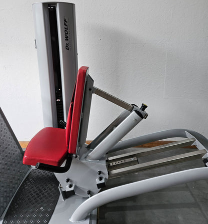Dr. Wolff Leg Press 806 Variant XS - extra space-saving design, similar to functional press, device from prevention park, frame color silver, used - refurbished condition