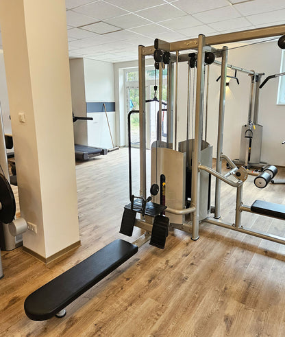 DankSport 5 Stationenturm, 5 Stack Multi Station Tower, 1x Latzug, 1x Rudern, 1x Seilzug von Oben, 2x Kabelzug höhenverstellbar = Cable Crossover - 120 und 100kg Gewichtsblöcke - Silber und Schwarz - NEU