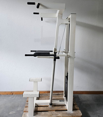 L+K Dip-Pull-Up Machine with Weight Support, Dip-Chin, Oldschool, White Frame, Used with Signs of Wear