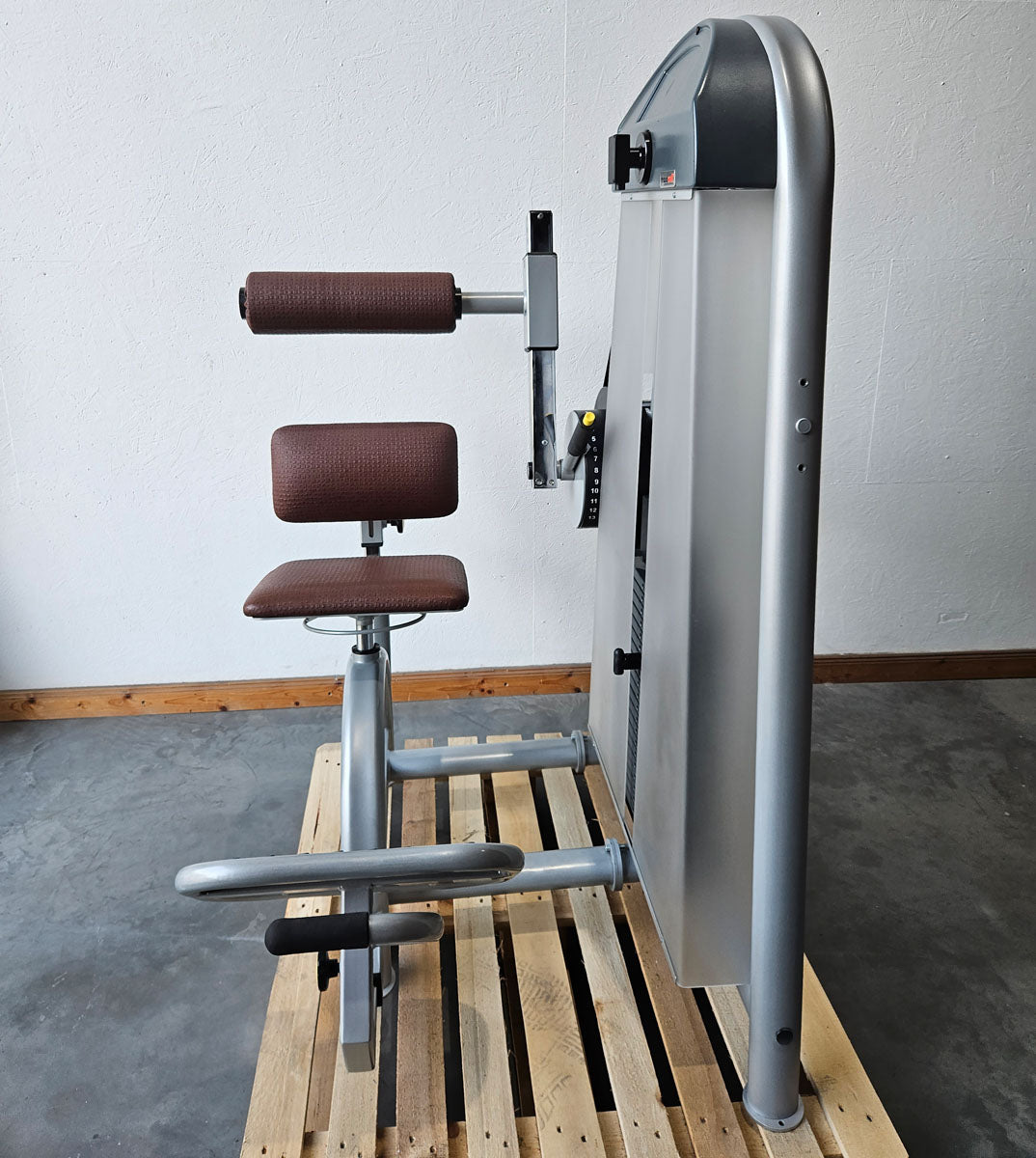 Proxowell or Proxomed back flexion, abdominal machine, back curl, abdominal crunch, 100kg weight block, Compass or C-Well series, frame color silver, used - refurbished condition